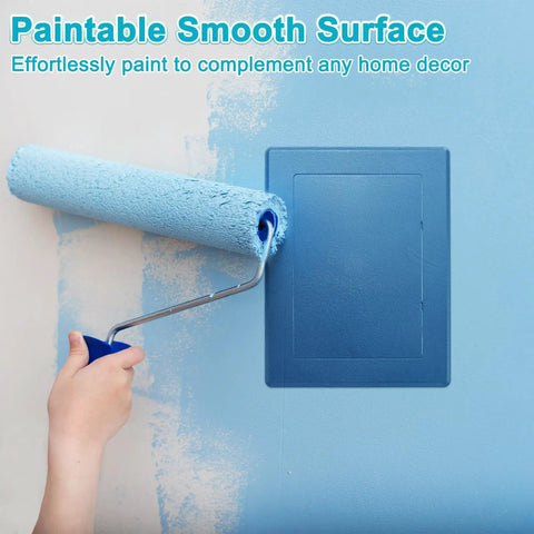 Self Adhesive Drywall Access Panel Hide That Messy Wiring And Plumbing Pipes With This Quick Peel And Stick Wall Hole Cover 7 By 5 Inch Durable Black Rectangle Finish For Ceilings Or Walls No Tool Hassle Straightforward Setup Every Single Time being painted with a blue roller.