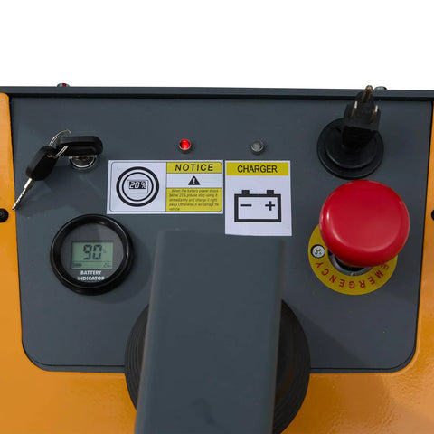 Control panel of ApolloLift Fully Powered Electric Stacker With Straddle Legs shows battery indicator and safety features.