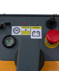 Top Shelf Full Electric Pallet Stacker control panel showing battery indicator, emergency stop, and charger port.