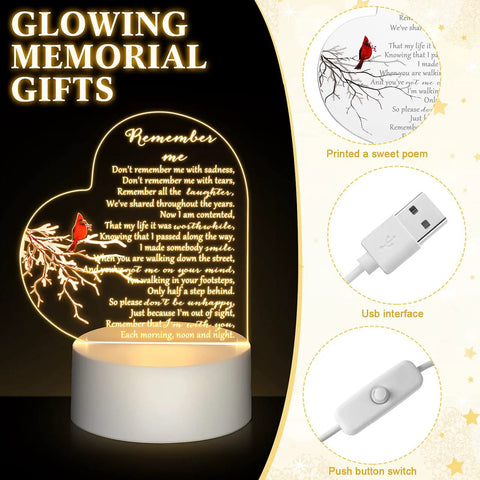 Heart Shaped Memorial Night Light With Clear Crystal Acrylic Base LED Remembrance Sign featuring red cardinal and poem