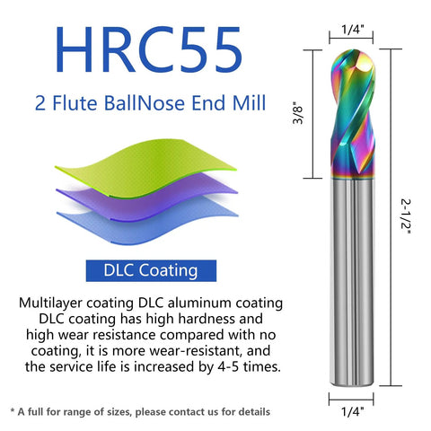 3 Pack 1/4 Inch Solid Carbide Ball Nose End Mills, 2 Flute DLC Coated CNC Milling Cutters For Copper And Aluminum Alloys, HRC55 Tough Bits For Precise Milling And Finishing shown with product specifications