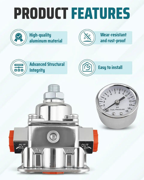 Carburetor Fuel Pressure Regulator Kit 1-4 PSI Gauge, aluminum with 3/8 NPT ports, 1-inch inlet and 2 outlets, features details.