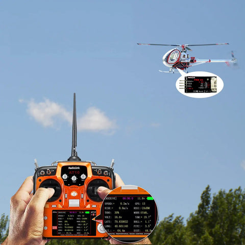 Hands holding RC transmitter displaying live GPS, RSSI, voltage, distance, and flight data to helicopter, Real Time OSD Telemetry Module That Feeds You Live GPS, RSSI, Voltage, Distance And Flight Data To Your RC Transmitter On AT9, AT9S, AT9S Pro, AT10II, With Crossflight, Minipix, PIXHAWK And APM FC shown.
