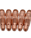 Five copper collet bodies from the TIG Welding Torch Consumables Kit With 10N24 And 10N32 Three Thirty Second Inch Collets.