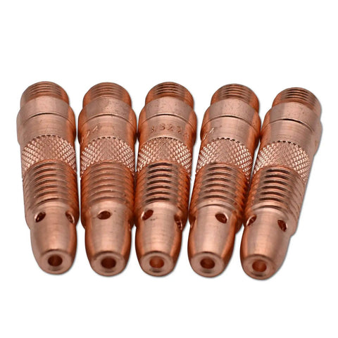 Five copper collet bodies from the TIG Welding Torch Consumables Kit With 10N24 And 10N32 Three Thirty Second Inch Collets.