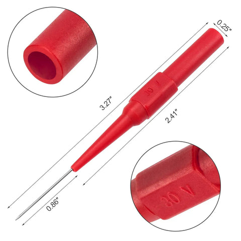 Red probe from Four Pack 0.7mm Test Probe Pins With Non Destructive Insulation Piercing Needles, Stainless Steel Back Probe Pins kit.