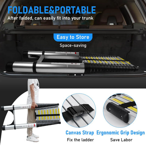 26.2Ft Telescoping Aluminum Ladder For Indoor And Outdoor Jobs, Lightweight Yet Sturdy Extension Ladder, Easy Fold Design, Non Slip Feet, Wider Pedals, Stable Safety Build For High Reach Projects And DIY Boss Level folded in car trunk