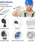 Man in hard hat holding Tough As Nails IP67 Waterproof LED Power Supply 12V 60W 5A for lighting applications.