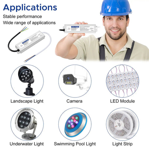 Man in hard hat holding Tough As Nails IP67 Waterproof LED Power Supply 12V 60W 5A for lighting applications.