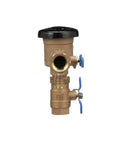 Front view of brass Zurn Wilkins 1-720A 1" pressure vacuum breaker assembly with blue handles and black cap.