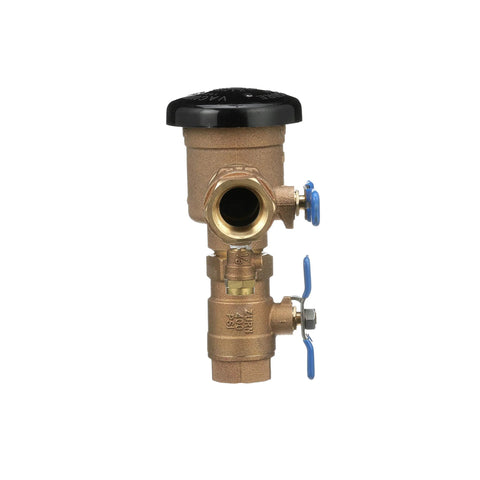 Front view of brass Zurn Wilkins 1-720A 1" pressure vacuum breaker assembly with blue handles and black cap.