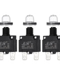 Three Pack 12 Amp Push Button Circuit Breakers With Waterproof Button Caps 125/250V AC And 32V DC Manual Reset Thermal Overload Protectors For Welding Machines Coffee Makers Vending Equipment And Home Appliances, 44.5x28x13mm