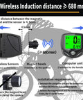 Wireless Bike Speedometer And Cycle Computer With LCD Display showing setup instructions, sensors, and installation distance.