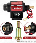 Universal 12V Electric Gasoline Fuel Pump 28 GPH Low Pressure Transfer Pump For Carburetors Two To Three Point Five Psi Fits Most 4 6 And 8 Cylinder Engines with inlet and outlet details