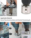 Diamond hole saw kit, 15 pieces for plant pots; collage shows drill in use on ceramic, glass and tile, 6–50 mm sizes.