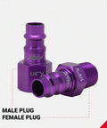 High Flow Pro V Style Purple Coupler and Plug Kit for Quarter Inch NPT Three Piece Set, showing male and female plugs.