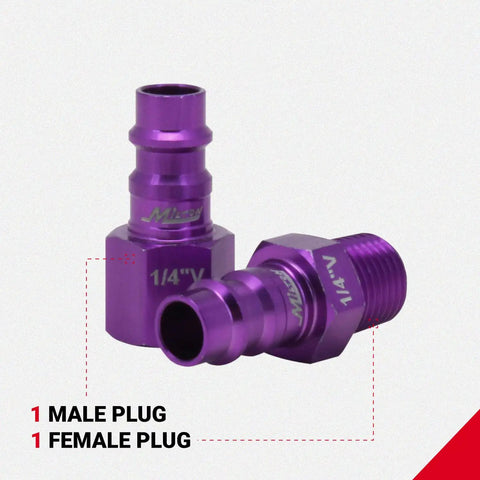 High Flow Pro V Style Purple Coupler and Plug Kit for Quarter Inch NPT Three Piece Set, showing male and female plugs.