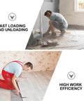 Two workers installing flooring and tiles, demonstrating fast loading, unloading, and high work efficiency in home renovation.