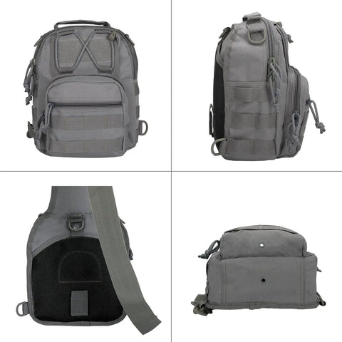 Waterproof 1000D Tactical Sling Bag For Everyday Carry And CCW, Ultra Lightweight 9L Compact Backpack with multiple pockets and padded back, four angle views