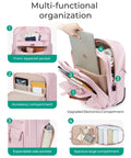 baby pink underseat carry-on with multi-functional organization features like zippered pockets, accessory compartments, and electronics storage.