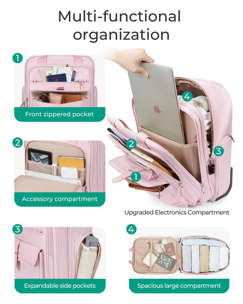 baby pink underseat carry-on with multi-functional organization features like zippered pockets, accessory compartments, and electronics storage.
