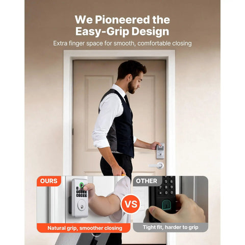 Secure Your Front Door With This Slick Silver Touch Fingerprint Deadbolt Keyless Entry Lock Featuring Foolproof Auto Lock Timing And Bright Led Guidance For Zero Fuss Smart Home Security showcasing easy-grip design.