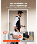 Image showing comparison of easy-grip design of Silver Fingerprint Deadbolt Keyless Entry Door Lock with user in formal attire.
