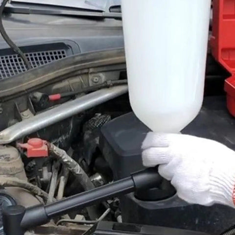 No More Messy Oil Pouring With This Universal Flexible Funnel Kit Featuring A Spill-Proof Splash Guard and Smart Adapter design in use.