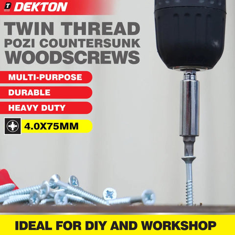 Power drill inserting Forty Piece 4 Point 0 By 75mm Twin Thread Pozi Countersunk Wood Screws With Bright Zinc Plated Finish