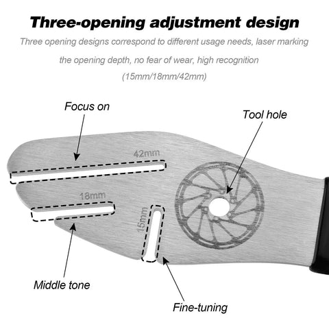 Bike Disc Rotor Alignment Tool For No Fuss Rotor Truing And Quick Bike Wheel Alignment Durable Steel Fork Bicycle Brake Wrench with labeled openings.