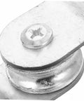 Six Piece Pulley Kit With Hooks And Swivel Block Pulleys Mini Snatch Block Cable Roller Trolley Wheel Set Iron Silver Easy Install For DIY Lifting Rigging And Garage Projects close-up iron pulley wheel