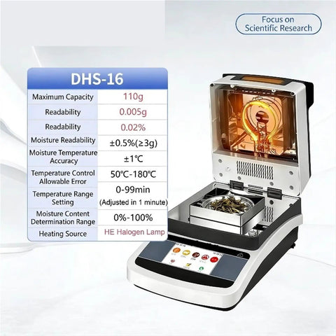 Fast DHS-16 Digital Moisture Meter For Wood Tea Corn And Grain with clear display and halogen heating lamp.