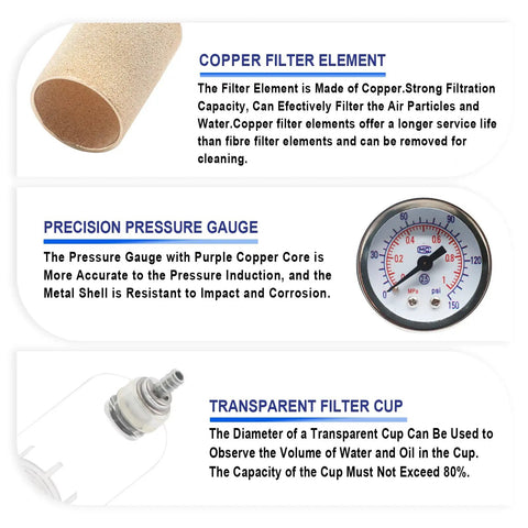 Copper filter element and precision pressure gauge for Pro Grade Pneumatic 1/4 Inch NPT Air Filter Regulator Kit With Brass Fittings And Gauge