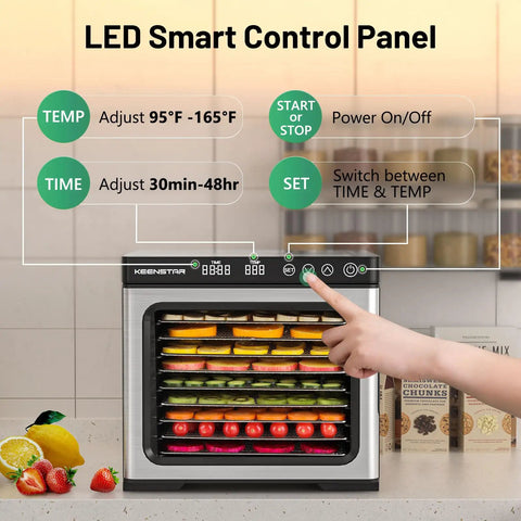 Sweet 9 Tray Stainless Steel Food Dehydrator with Digital Timer and Temperature Control, LED display, various foods inside.
