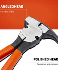 Beefy Dipped Handle Pliers For Wire Cutter And Staple Puller With Angled Head For Offset Cuts And Solid Joint Design Ergonomic Grip Premium Fence Tool For Home And Pro Use showcasing close-up of angled head and polished finish.
