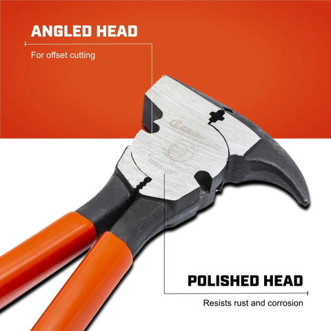 Beefy Dipped Handle Pliers For Wire Cutter And Staple Puller With Angled Head For Offset Cuts And Solid Joint Design Ergonomic Grip Premium Fence Tool For Home And Pro Use showcasing close-up of angled head and polished finish.