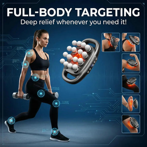 Woman using Beast 16 Head Deep Tissue Massager With Heat For Full Body Relief Three Modes And Thirty Intensities quiet percussion