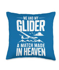 Funny Sailplane Pilot Throw Pillow For Glider Enthusiasts And Aviation Lovers with blue design and glider graphic.