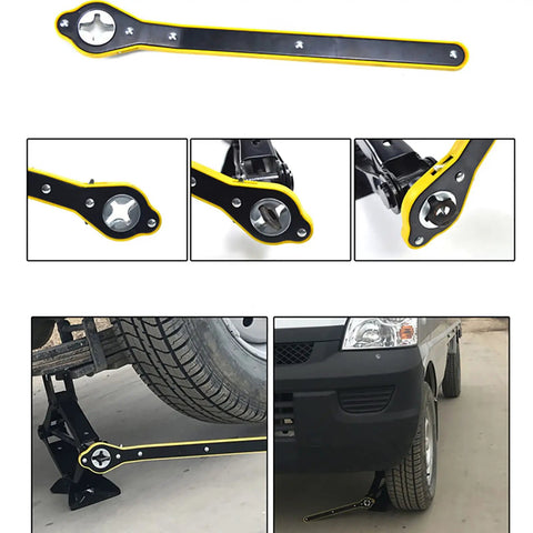 360 Degree Swivel Head Jack Ratchet Wrench With Forward And Reverse Knob in use for car tire change, shown with scissor jack adapter.