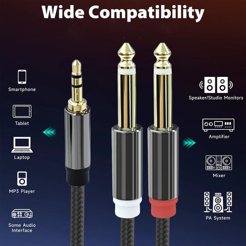 Three Point Five Millimeter To Dual One Quarter Inch TS Stereo Audio Cable With Gold Plated Braided Adapter Cable For Your Mixer Studio Monitor Amplifier Speaker Sound Card And Audio Interface Three Point Three Feet showing cable compatibility with devices