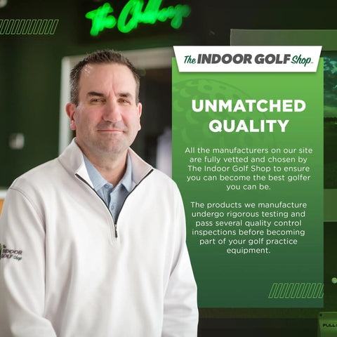 Man in white sweater at The Indoor Golf Shop, standing beside text promoting unmatched quality of golf practice equipment.