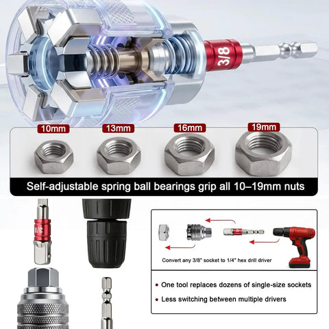 Heavy Duty Adjustable Universal Socket Wrench With Killer Non Slip Grip Fits 3/8 To 3/4 Drive Ratchet Tool showing self-adjustable ball bearings and nuts.
