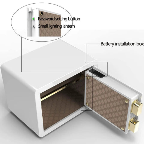 Open view of 0.77 Cu Ft Digital Steel Home Safe With LED Keypad, Alarm, Fireproof Lockbox For Home Office Hotel Use showing interior and battery box