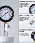 Gas Engine Cylinder Compression Tester Kit 8 Piece Auto Gauge Set Pro Grade For Cars Motorcycles Outboards Snowmobiles And Chainsaws 0 To 300 PSI Reading Quick Accurate Compression Test Durable Rust Resistant Handheld Tool showing double-scale gauge and one-click release.