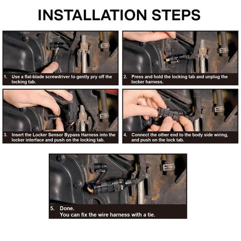 Installation steps for Direct Fit Locker Sensor Bypass Harness For Wrangler JL And Gladiator JT with clear images.