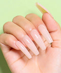 Hand displaying Sheer Nude Hema Free Gel Nail Polish Set Of 4 Colors 10ml Each Soak Off UV LED Safe For Nail Art Home DIY Gel Manicure Kit Neutral Skin Tone Long Lasting Shine.
