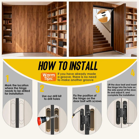 Installation guide for Six Inch Hidden Door Hinge With Concealed Hardware Kit For Flush Wall Mounts with steps and visuals.