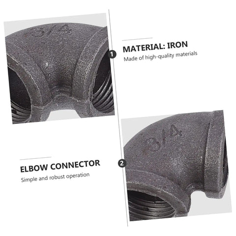 Close-up of Elbow Iron Pipe Fitting Set, Six Pieces, Three Quarters Inch Industrial Connectors, with material details and 3/4 marking.