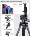 Heavy Duty Aluminum Camera Tripod Stand For DSLR, Mirrorless, Smartphone And GoPro Adjustable 20 To 74 Inch Height showing device compatibility