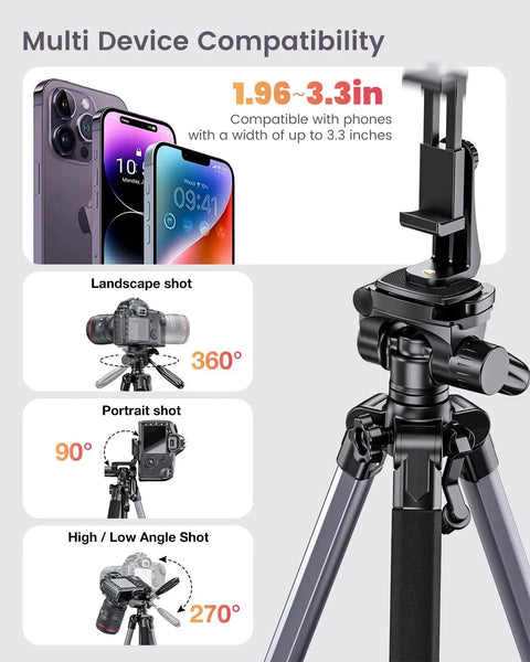 Heavy Duty Aluminum Camera Tripod Stand For DSLR, Mirrorless, Smartphone And GoPro Adjustable 20 To 74 Inch Height showing device compatibility